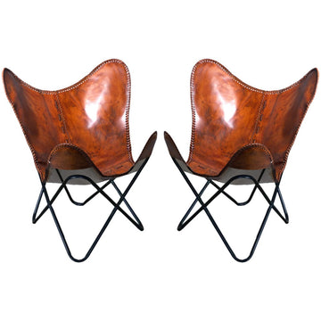 Pair Genuine Leather Butterfly Chair Folding Modern Sling Accent Seat
